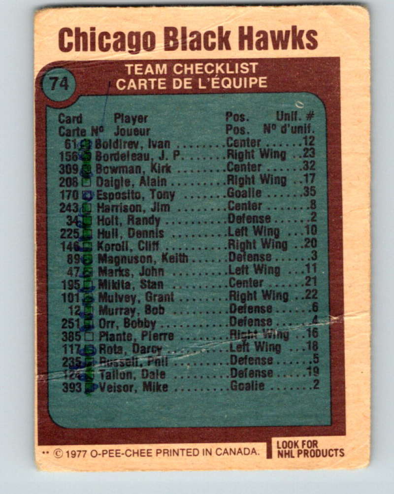 1977-78 O-Pee-Chee #74 Chicago Blackhawks NHL  Blackhawks 9700 Image 2