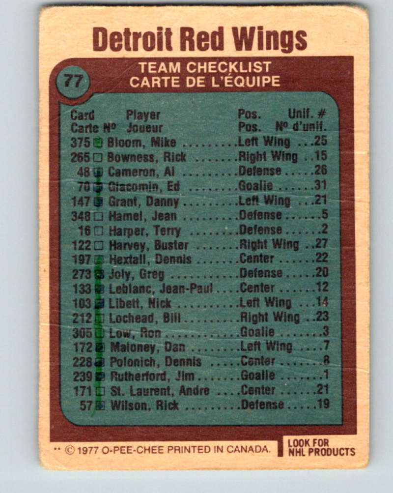 1977-78 O-Pee-Chee #77 Red Wings Team NHL  Red Wings 9703 Image 2