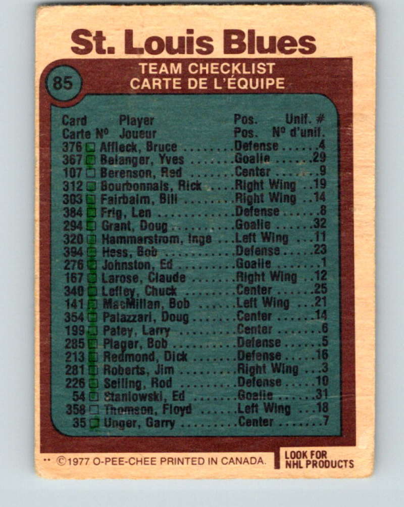 1977-78 O-Pee-Chee #85 Blues Team NHL  Blues 9711 Image 2