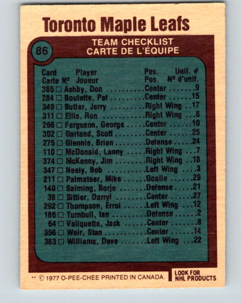 1977-78 O-Pee-Chee #86 Maple Leafs Team NHL  Maple Leafs 9712