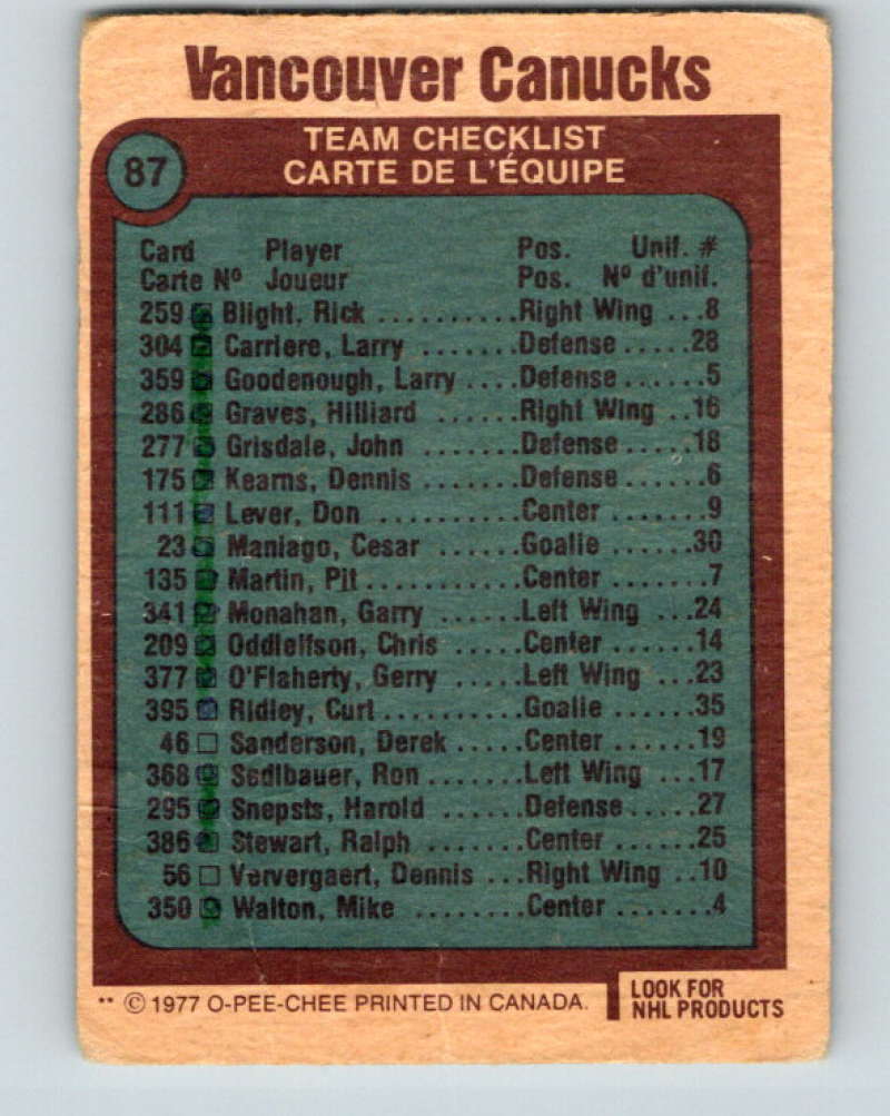 1977-78 O-Pee-Chee #87 Canucks Team NHL  Canucks 9713