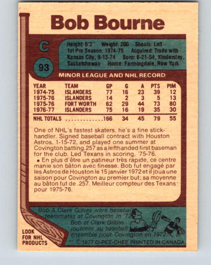 1977-78 O-Pee-Chee #93 Bob Bourne NHL  NY Islanders 9719 Image 2