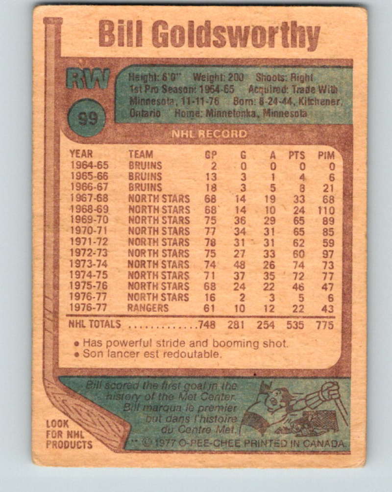 1977-78 O-Pee-Chee #99 Bill Goldsworthy NHL  NY Rangers 9725 Image 2