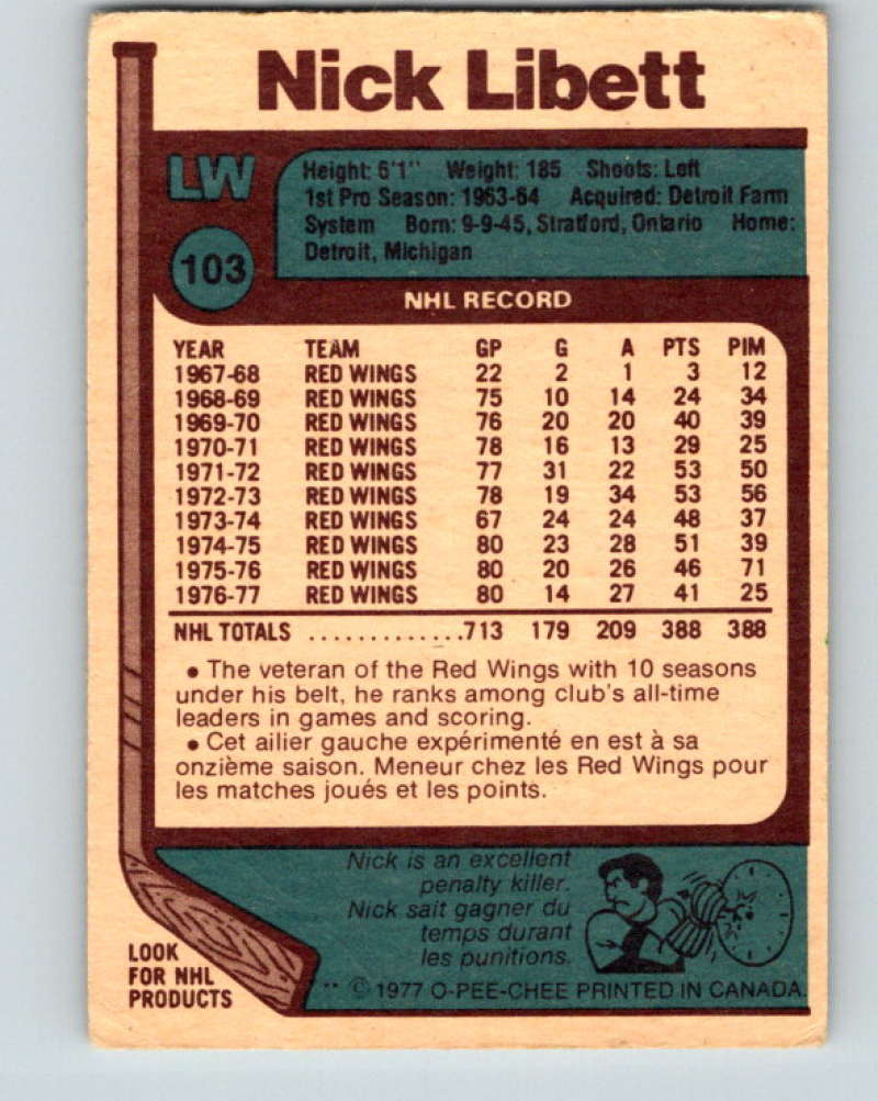 1977-78 O-Pee-Chee #103 Nick Libett NHL  Red Wings 9729 Image 2
