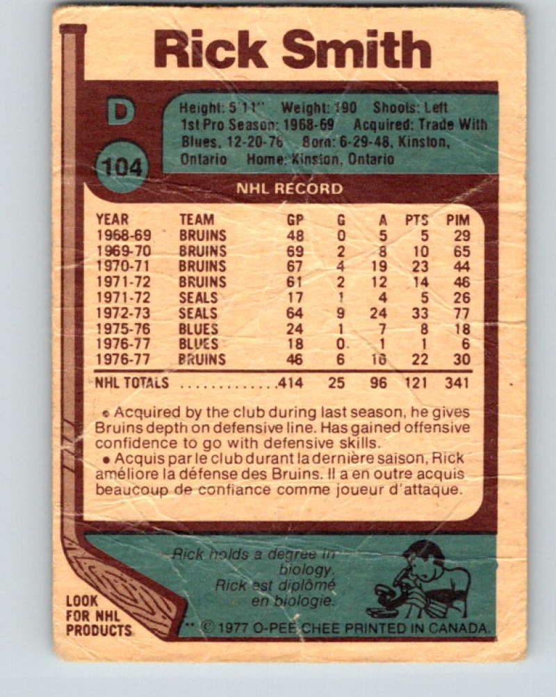 1977-78 O-Pee-Chee #104 Rick Smith NHL  Bruins 9730 Image 2