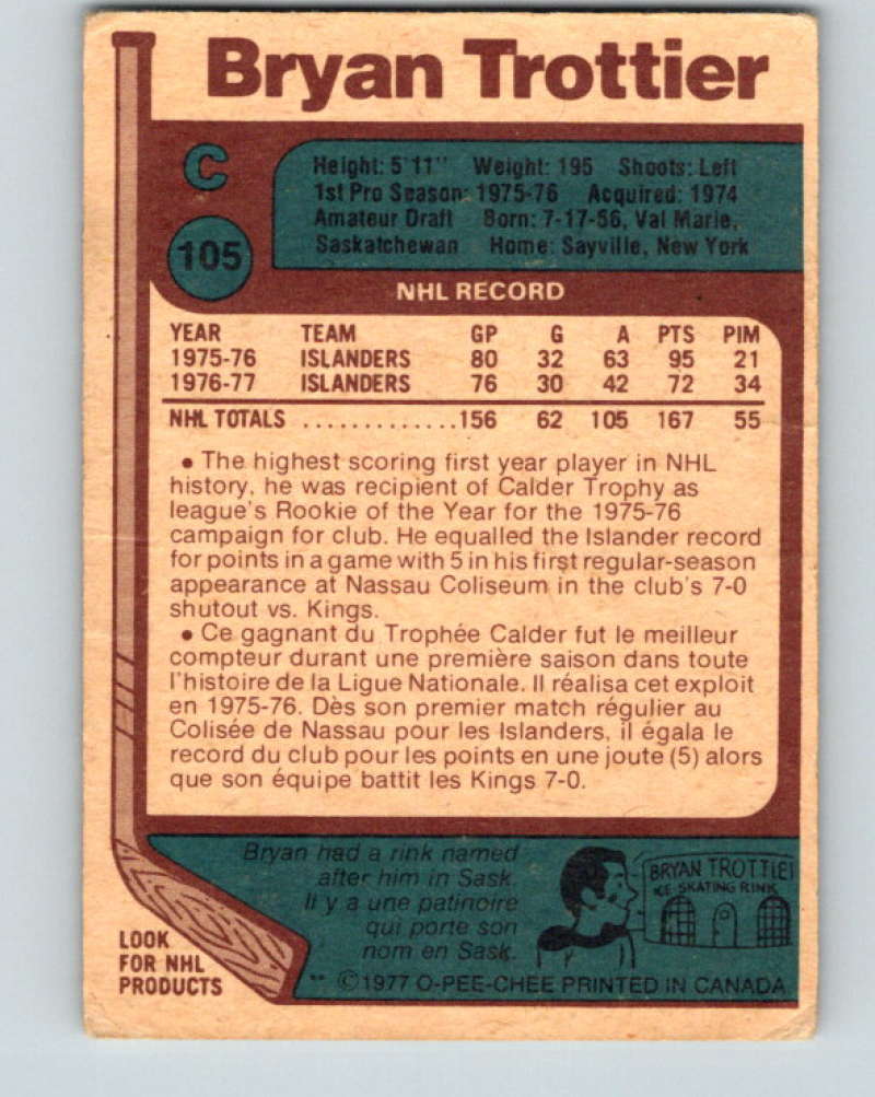 1977-78 O-Pee-Chee #105 Bryan Trottier NHL  NY Islanders 9731 Image 2