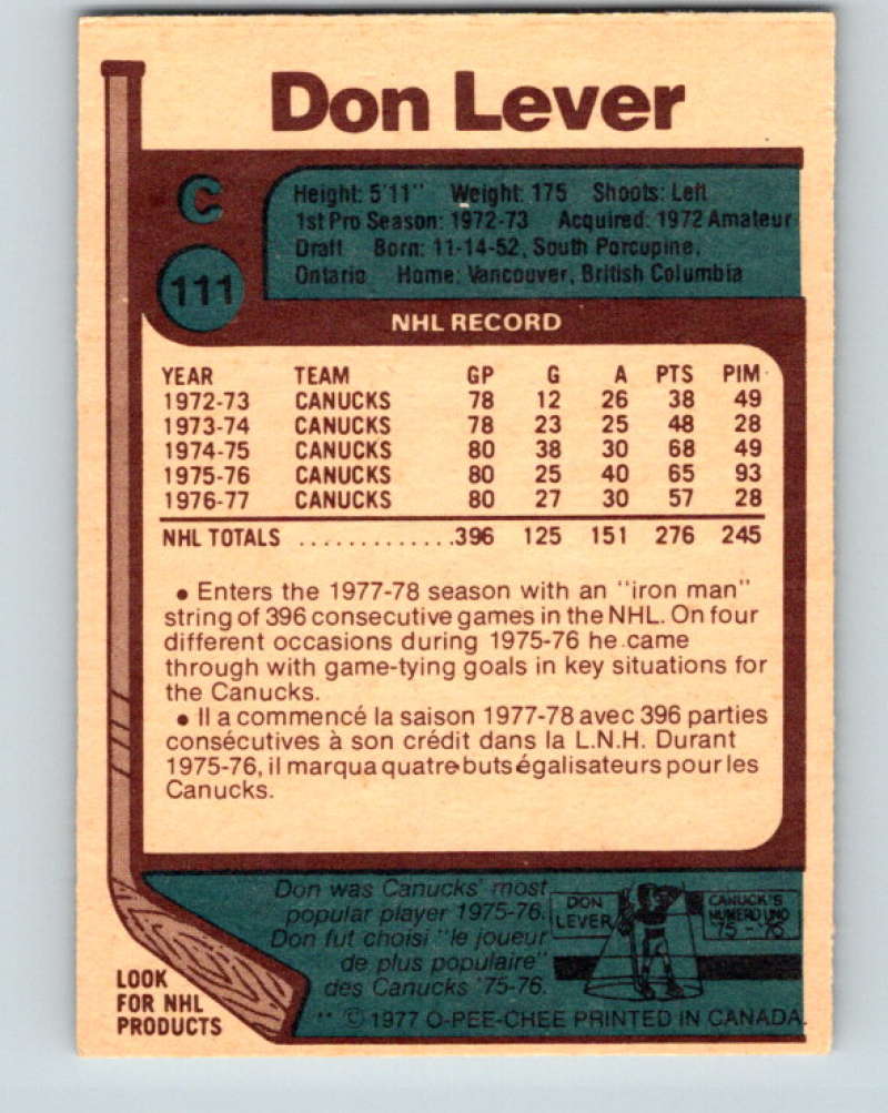 1977-78 O-Pee-Chee #111 Don Lever NHL  Canucks 9738 Image 2