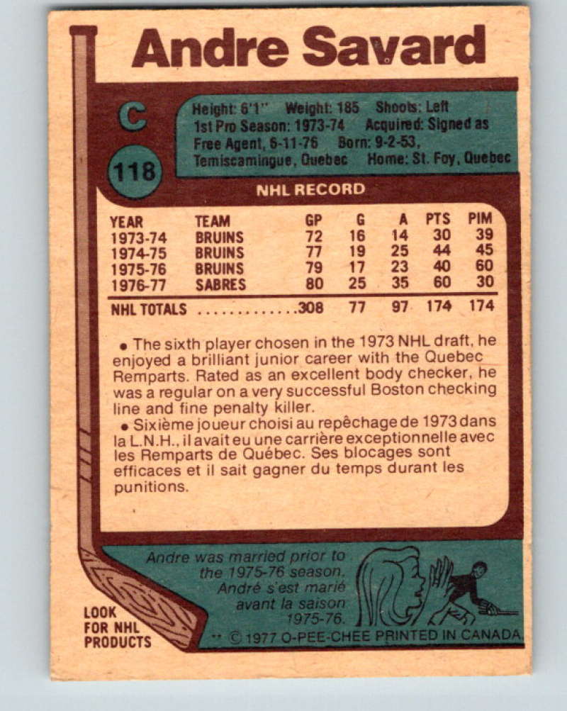 1977-78 O-Pee-Chee #118 Andre Savard NHL  Sabres 9745 Image 2