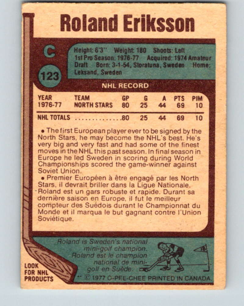 1977-78 O-Pee-Chee #123 Roland Eriksson NHL RC Rookie  Stars 9750 Image 2