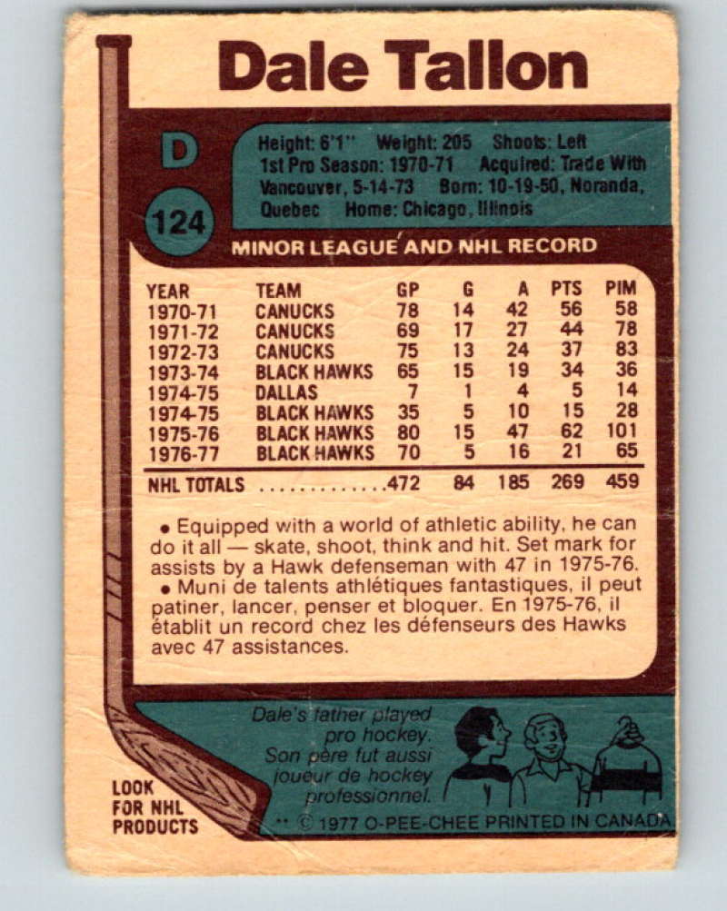 1977-78 O-Pee-Chee #124 Dale Tallon NHL  Blackhawks 9751 Image 2