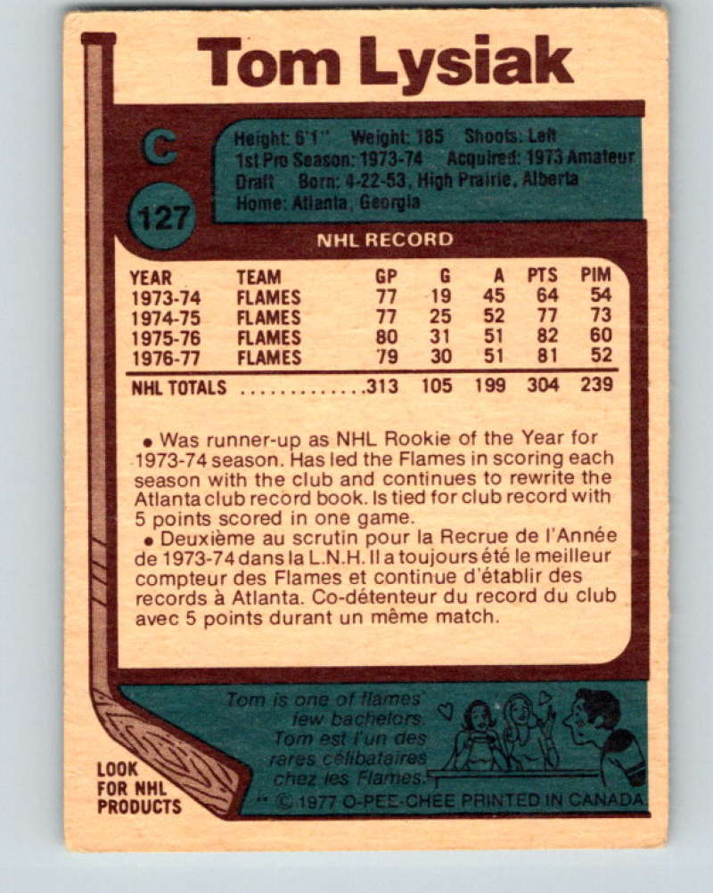 1977-78 O-Pee-Chee #127 Tom Lysiak NHL  Flames 9754 Image 2