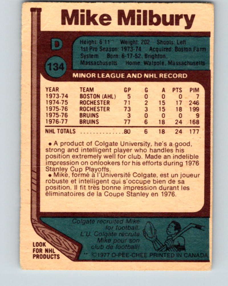 1977-78 O-Pee-Chee #134 Mike Milbury NHL  RC Rookie Bruins 9761 Image 2