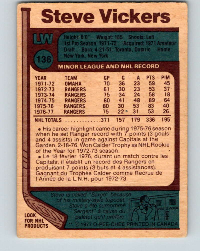 1977-78 O-Pee-Chee #136 Steve Vickers NHL  NY Rangers 9764 Image 2