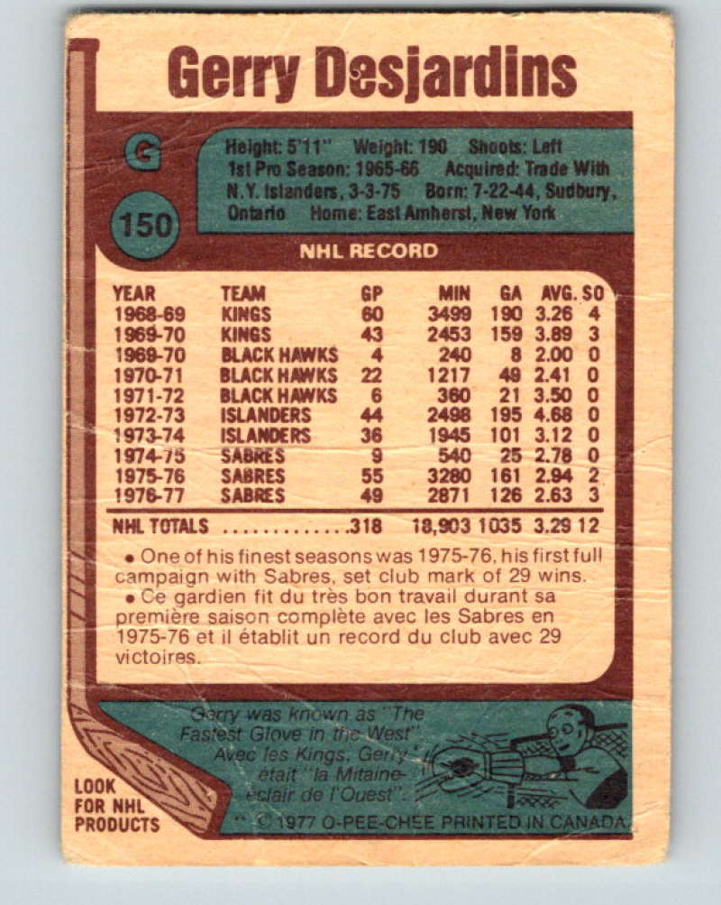 1977-78 O-Pee-Chee #150 Gerry Desjardins NHL  Sabres 9778 Image 2