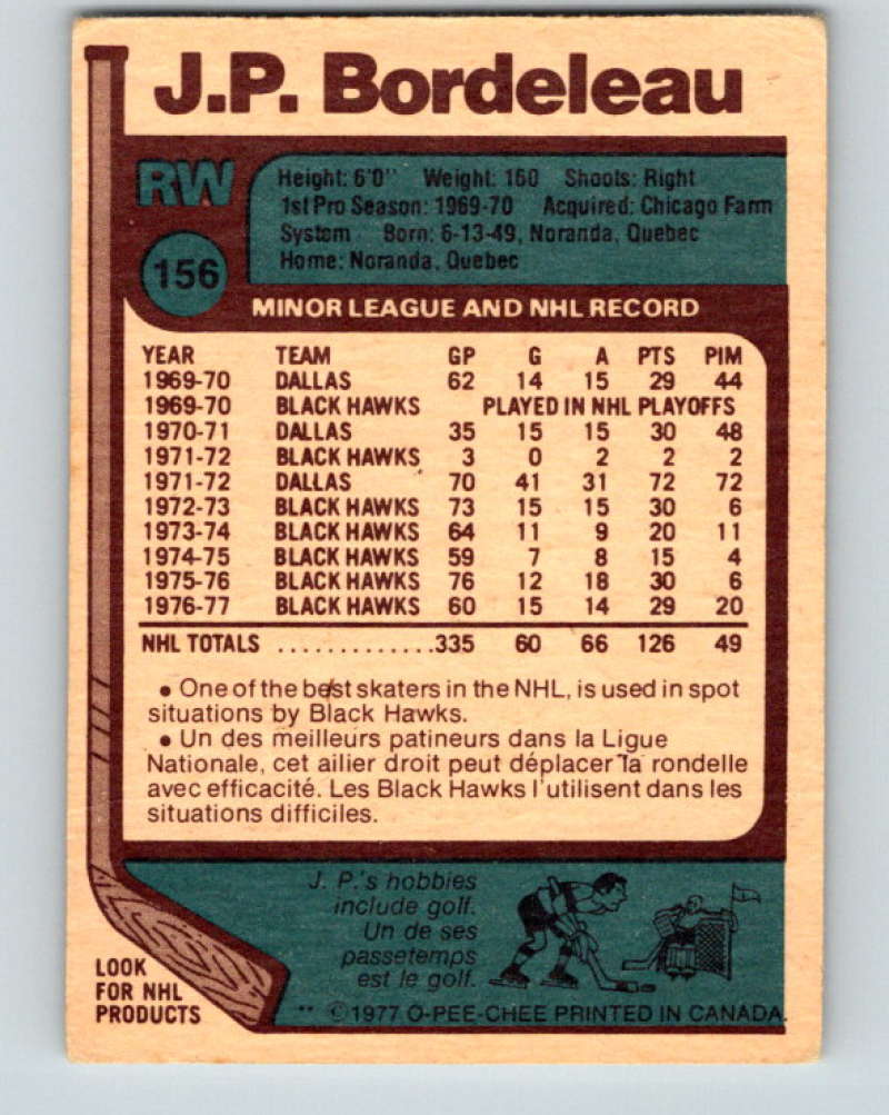 1977-78 O-Pee-Chee #156 J.P. Bordeleau NHL  Blackhawks 9784 Image 2