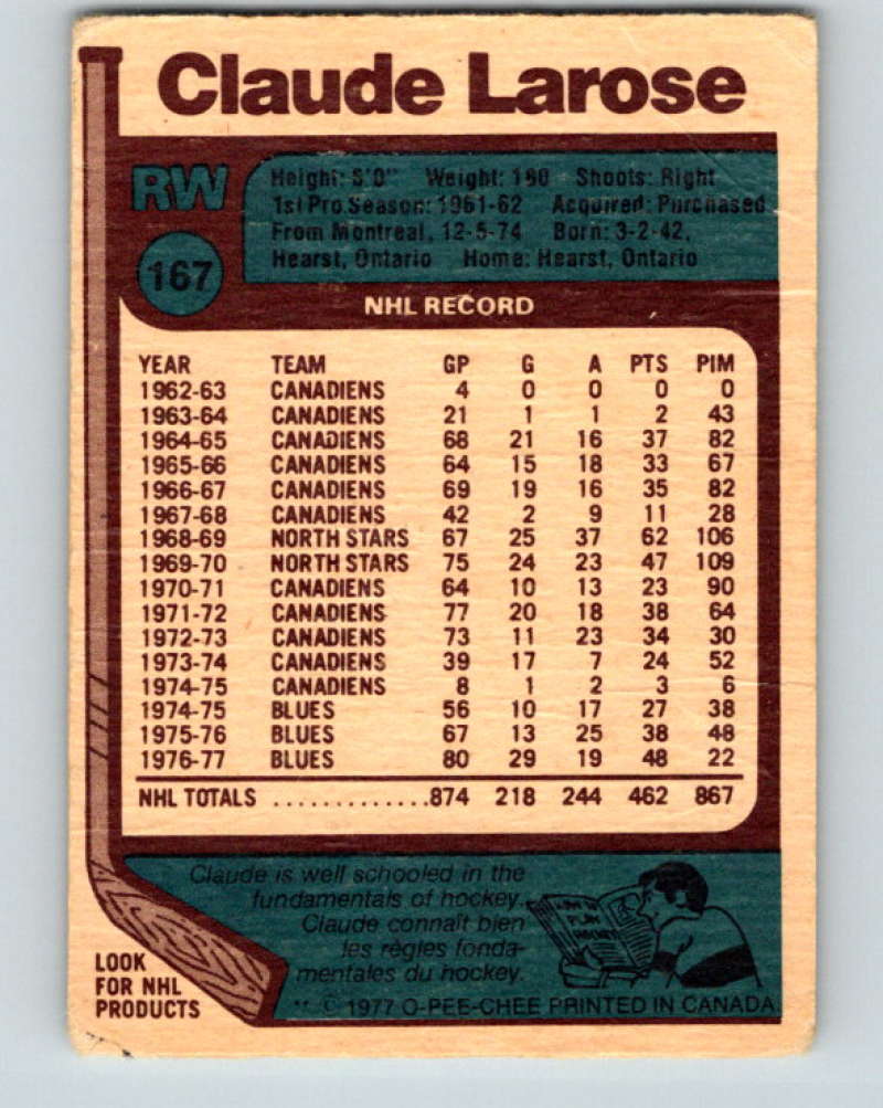 1977-78 O-Pee-Chee #167 Claude Larose NHL  Blues 9796 Image 2
