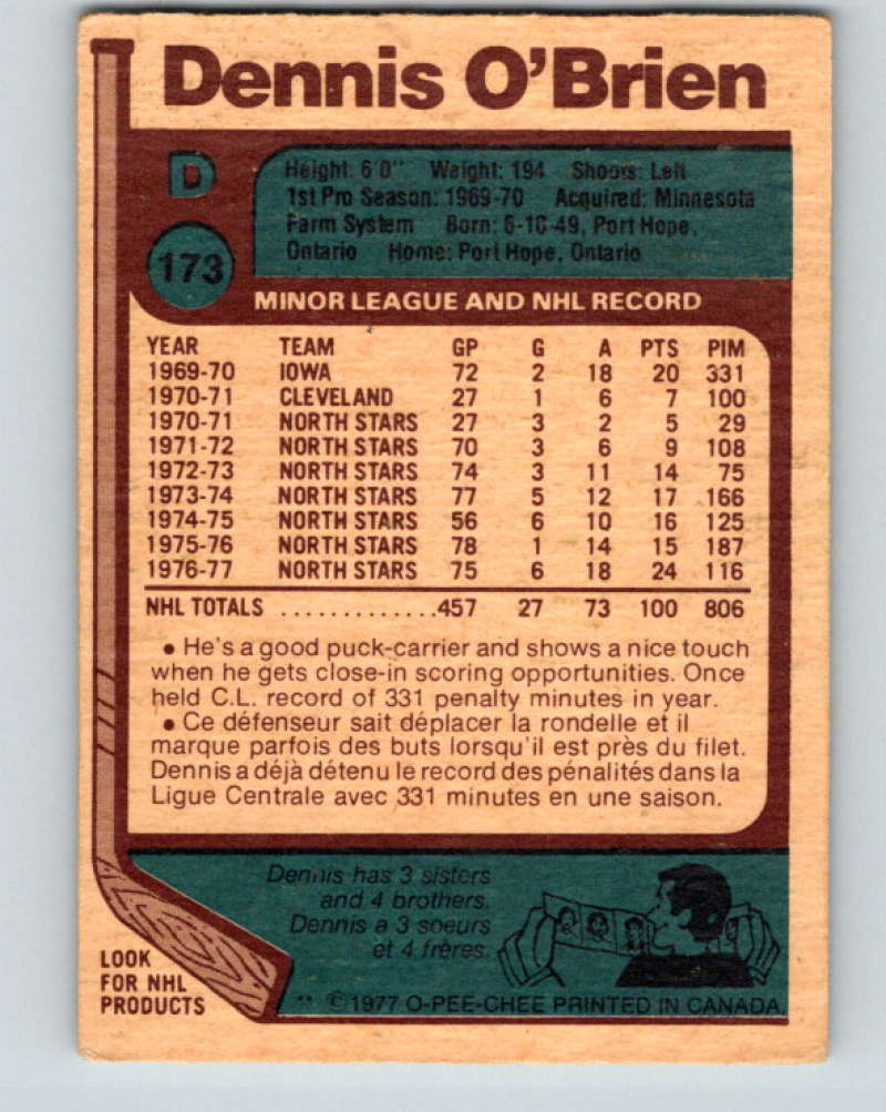 1977-78 O-Pee-Chee #173 Dennis O'Brien NHL  North Stars 9802 Image 2