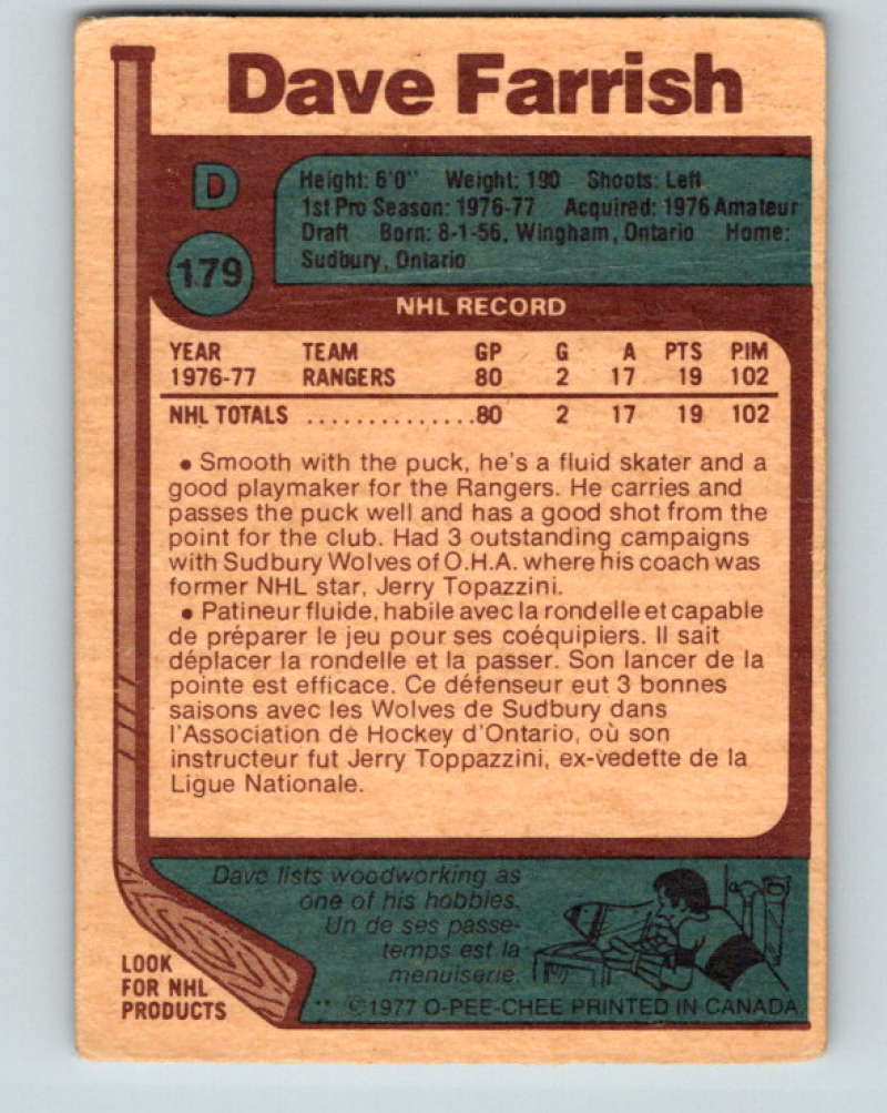 1977-78 O-Pee-Chee #179 Dave Farrish NHL  RC Rookie Rangers 9808 Image 2
