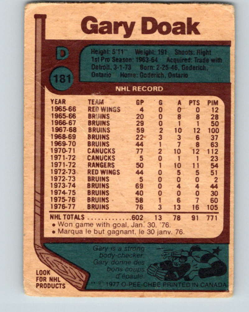 1977-78 O-Pee-Chee #181 Gary Doak NHL  Bruins 9810 Image 2