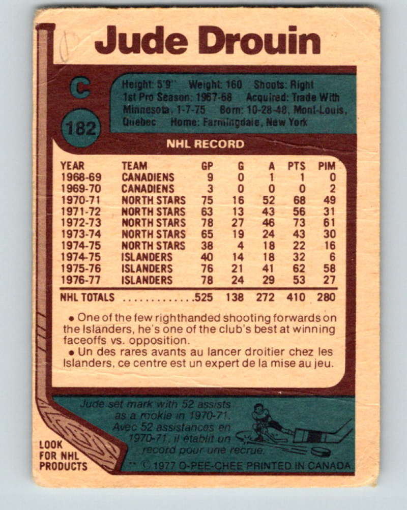 1977-78 O-Pee-Chee #182 Jude Drouin NHL  NY Islanders 9811 Image 2