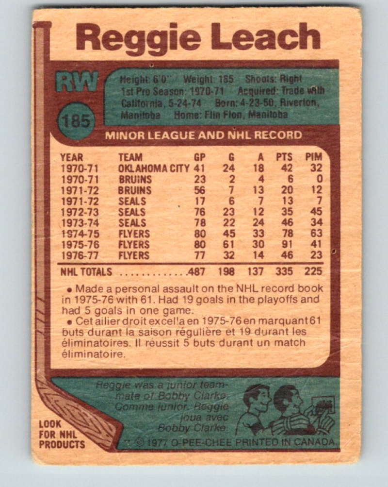 1977-78 O-Pee-Chee #185 Reggie Leach NHL  Flyers 9814 Image 2