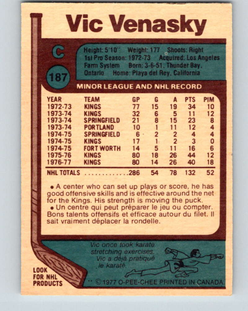 1977-78 O-Pee-Chee #187 Vic Venasky NHL  Kings 9816 Image 2