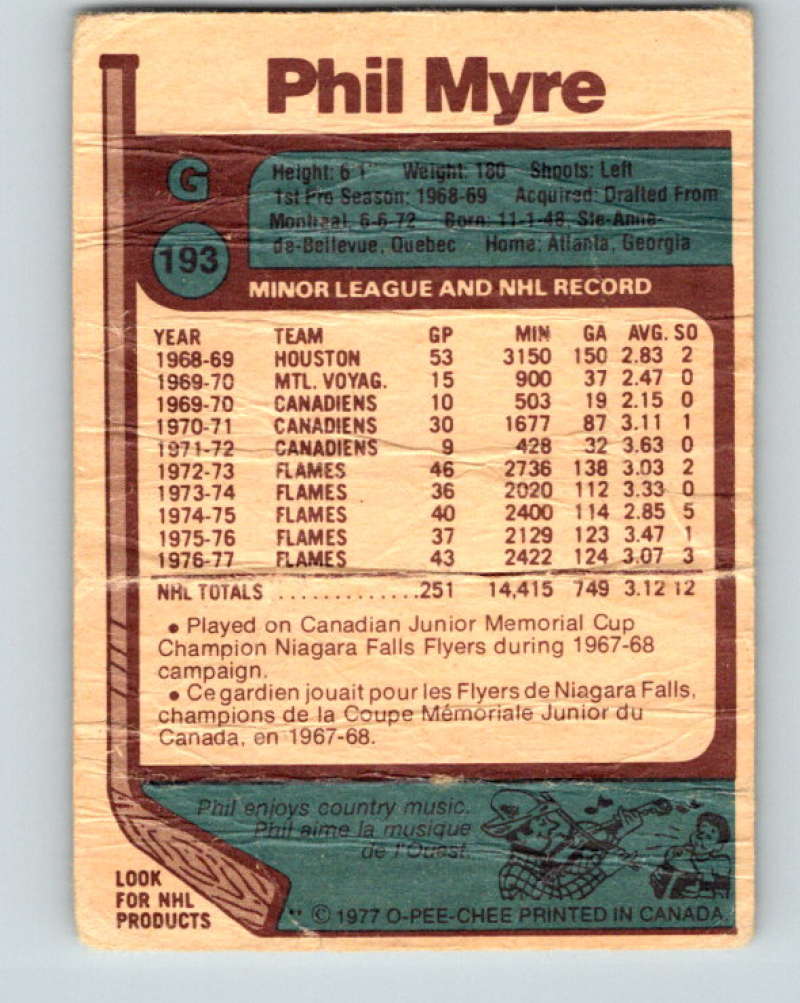 1977-78 O-Pee-Chee #193 Phil Myre NHL  Flames 9822 Image 2