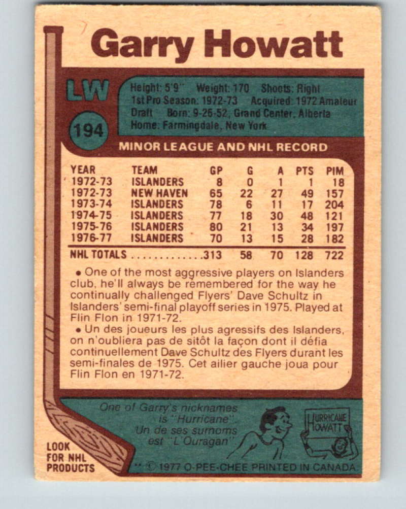 1977-78 O-Pee-Chee #194 Garry Howatt NHL  NY Islanders 9823 Image 2