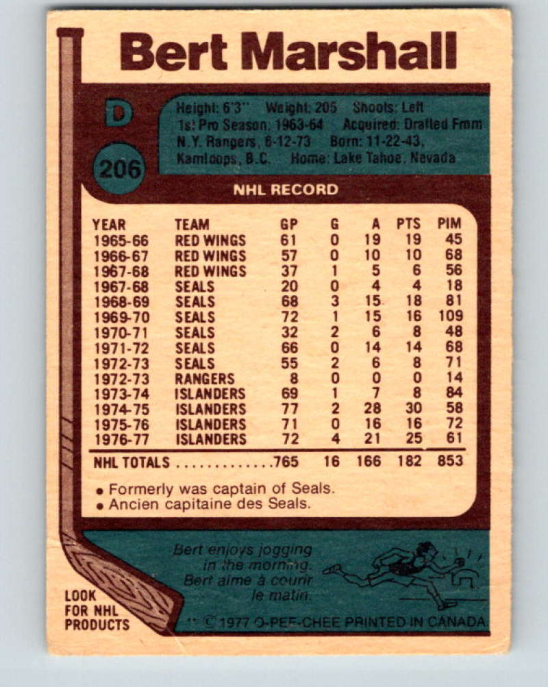 1977-78 O-Pee-Chee #206 Bert Marshall NHL  NY Islanders 9835 Image 2