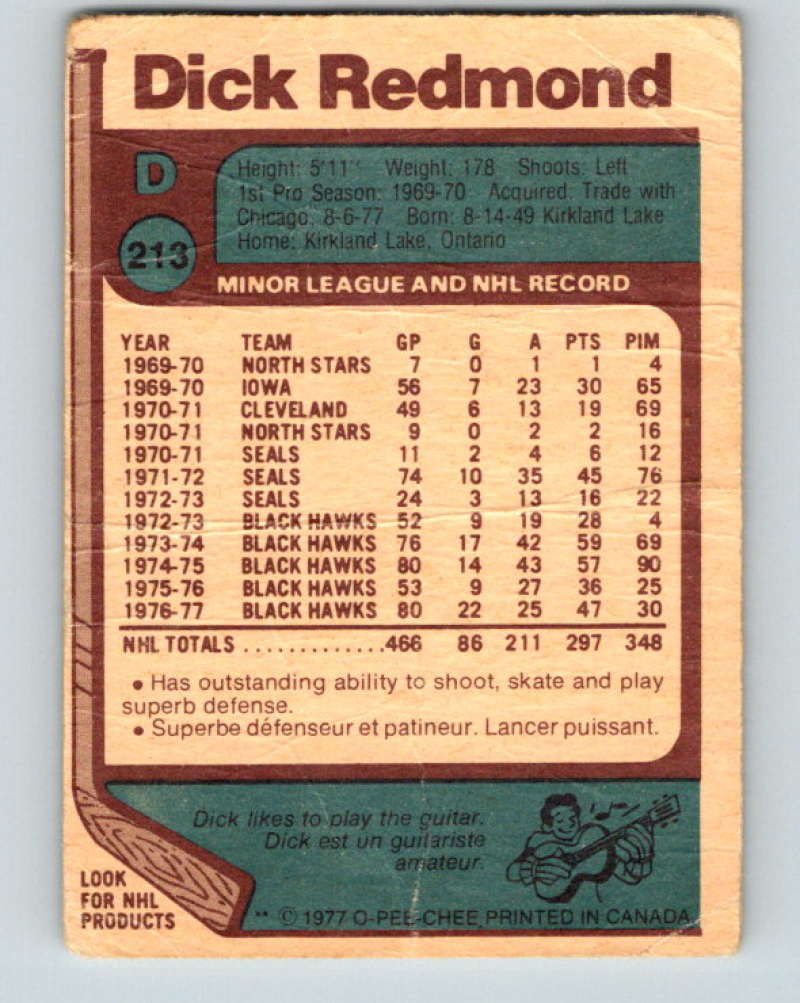 1977-78 O-Pee-Chee #213 Dick Redmond NHL  Blues 9842 Image 2