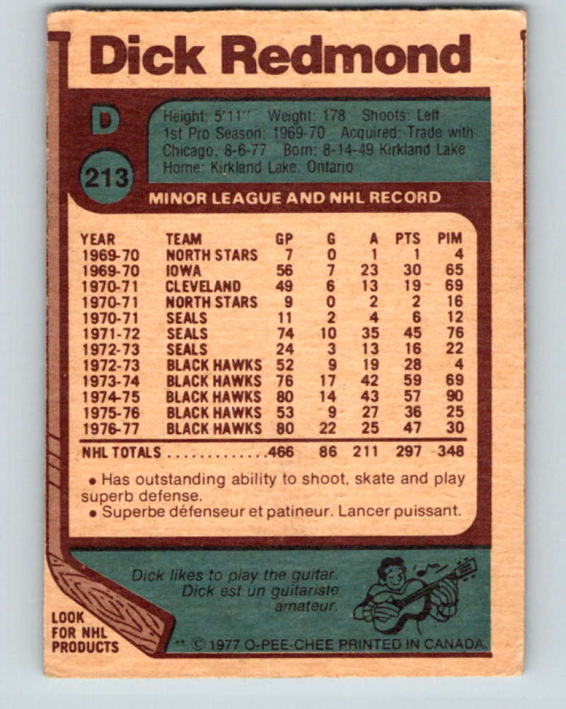 1977-78 O-Pee-Chee #213 Dick Redmond NHL  Blues 9843 Image 2