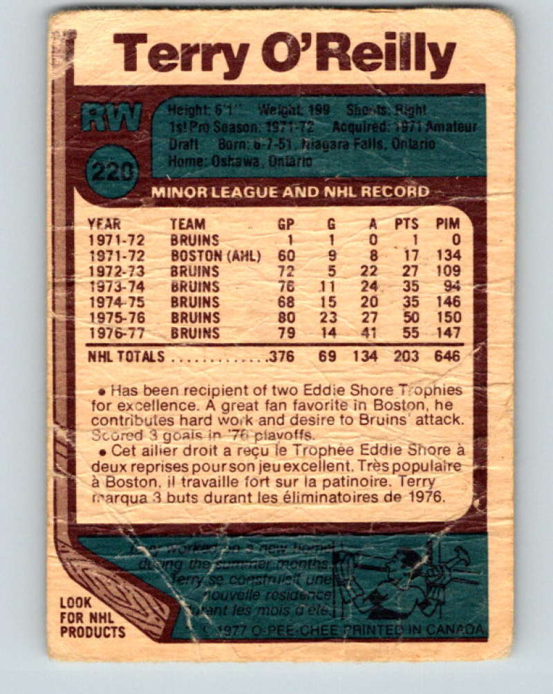 1977-78 O-Pee-Chee #220 Terry O'Reilly NHL  Bruins 9850 Image 2