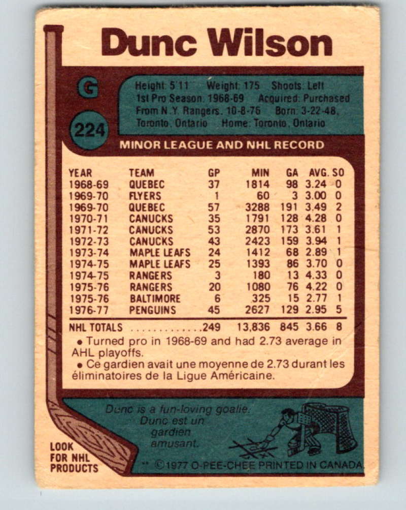 1977-78 O-Pee-Chee #224 Dunc Wilson NHL  Penguins 9854