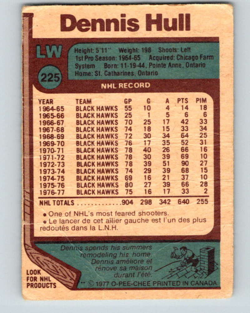 1977-78 O-Pee-Chee #225 Dennis Hull NHL  Blackhawks 9855 Image 2