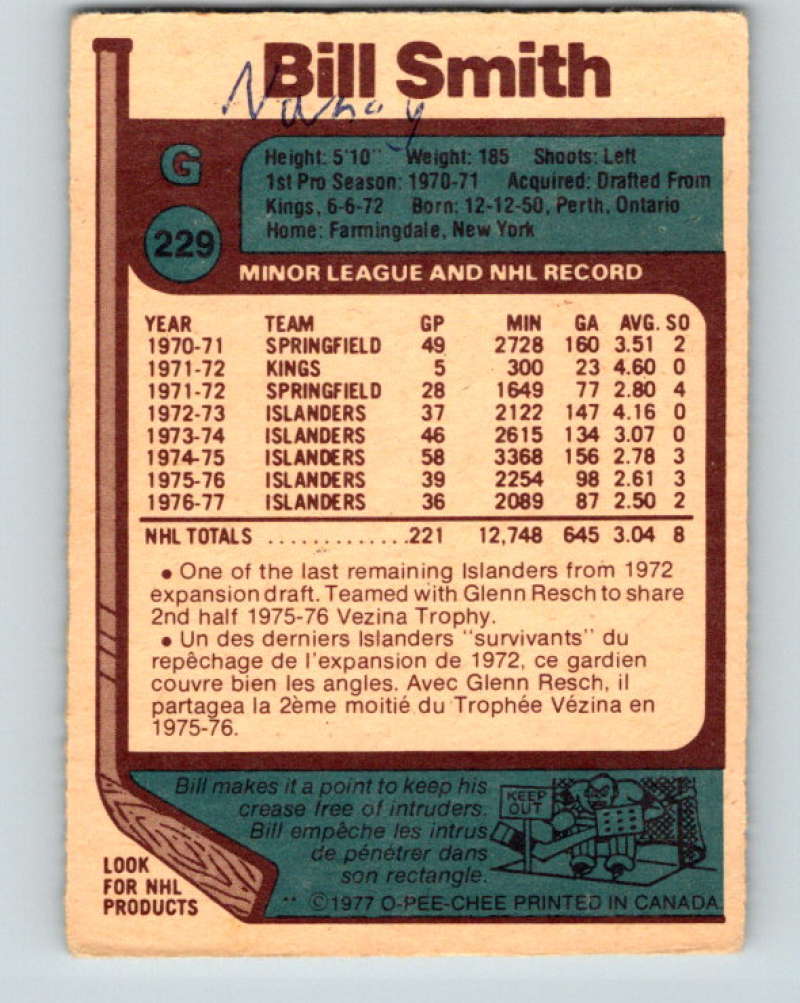 1977-78 O-Pee-Chee #229 Billy Smith NHL  NY Islanders 9859
