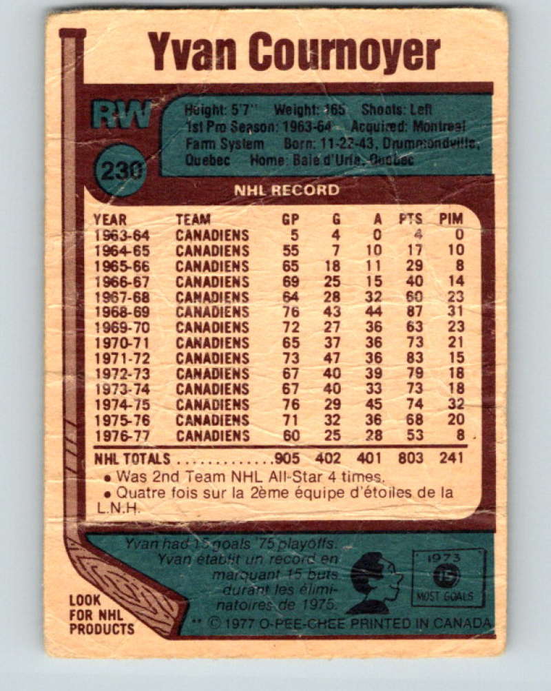 1977-78 O-Pee-Chee #230 Yvan Cournoyer NHL  Canadiens 9860 Image 2