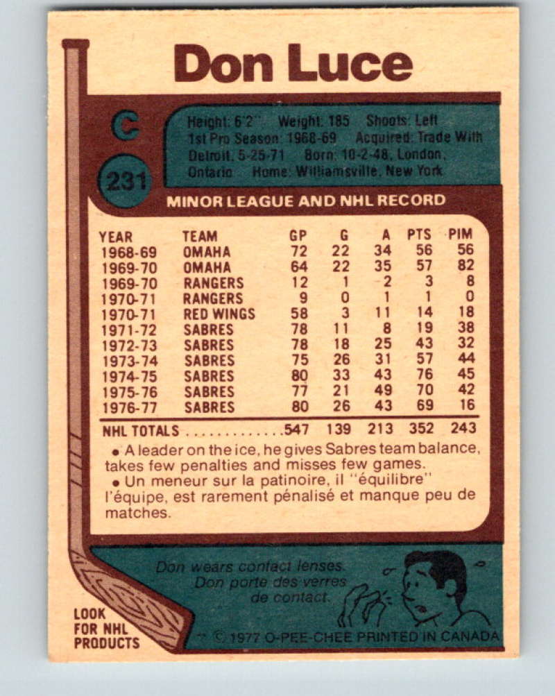 1977-78 O-Pee-Chee #231 Don Luce NHL  Sabres 9861 Image 2