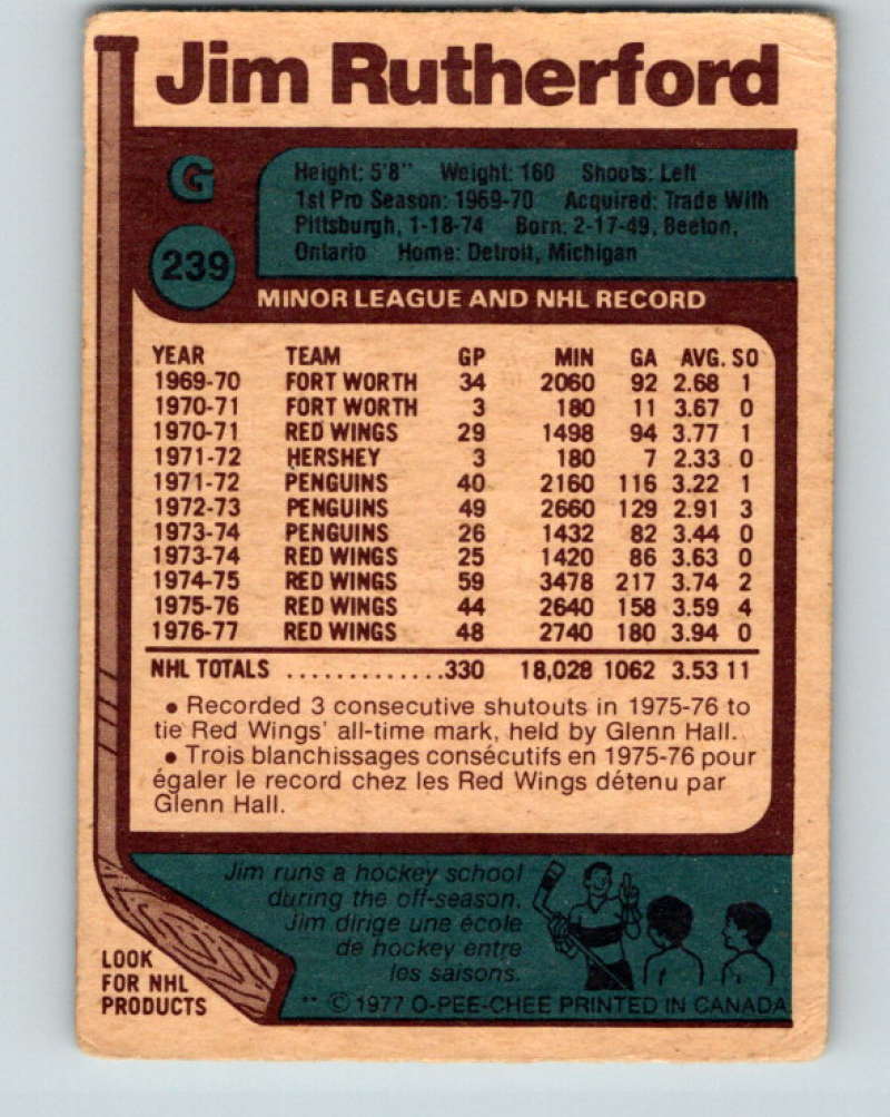 1977-78 O-Pee-Chee #239 Jim Rutherford NHL  Red Wings 9869