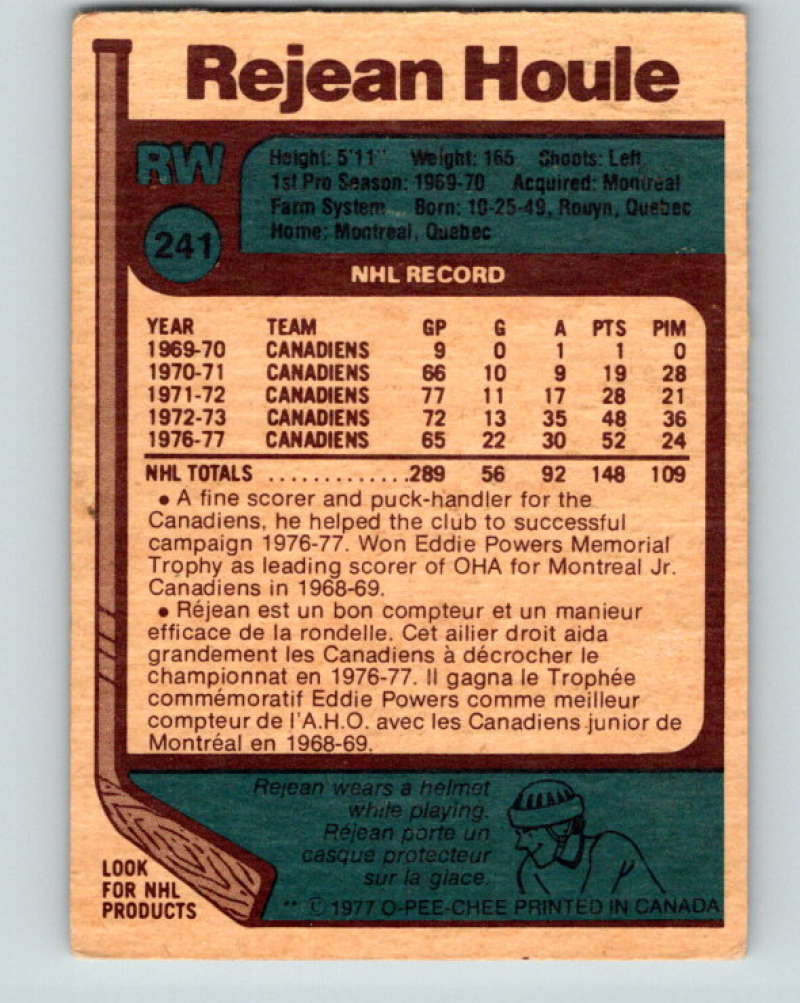 1977-78 O-Pee-Chee #241 Rejean Houle NHL  Canadiens 9871 Image 2