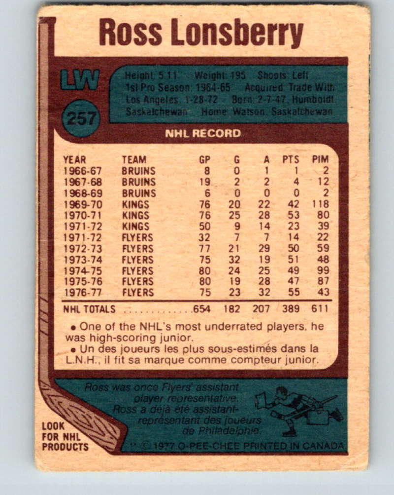 1977-78 O-Pee-Chee #257 Ross Lonsberry NHL  Flyers 9890 Image 2