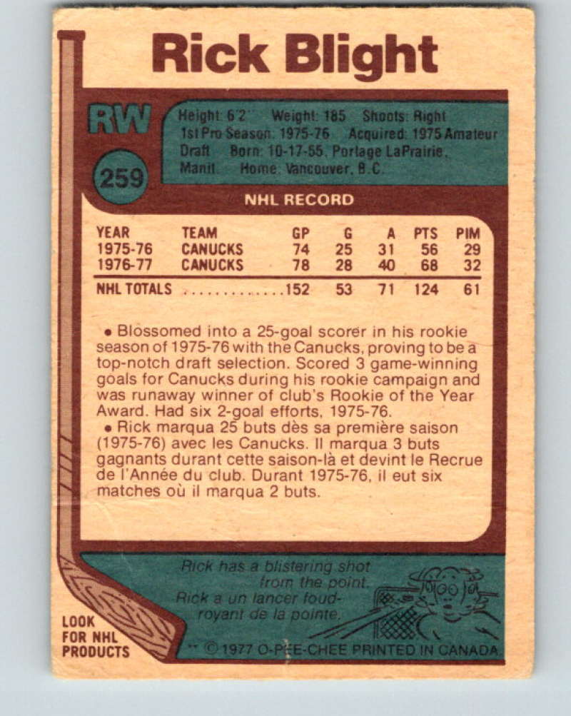 1977-78 O-Pee-Chee #259 Rick Blight NHL  Canucks 9892 Image 2