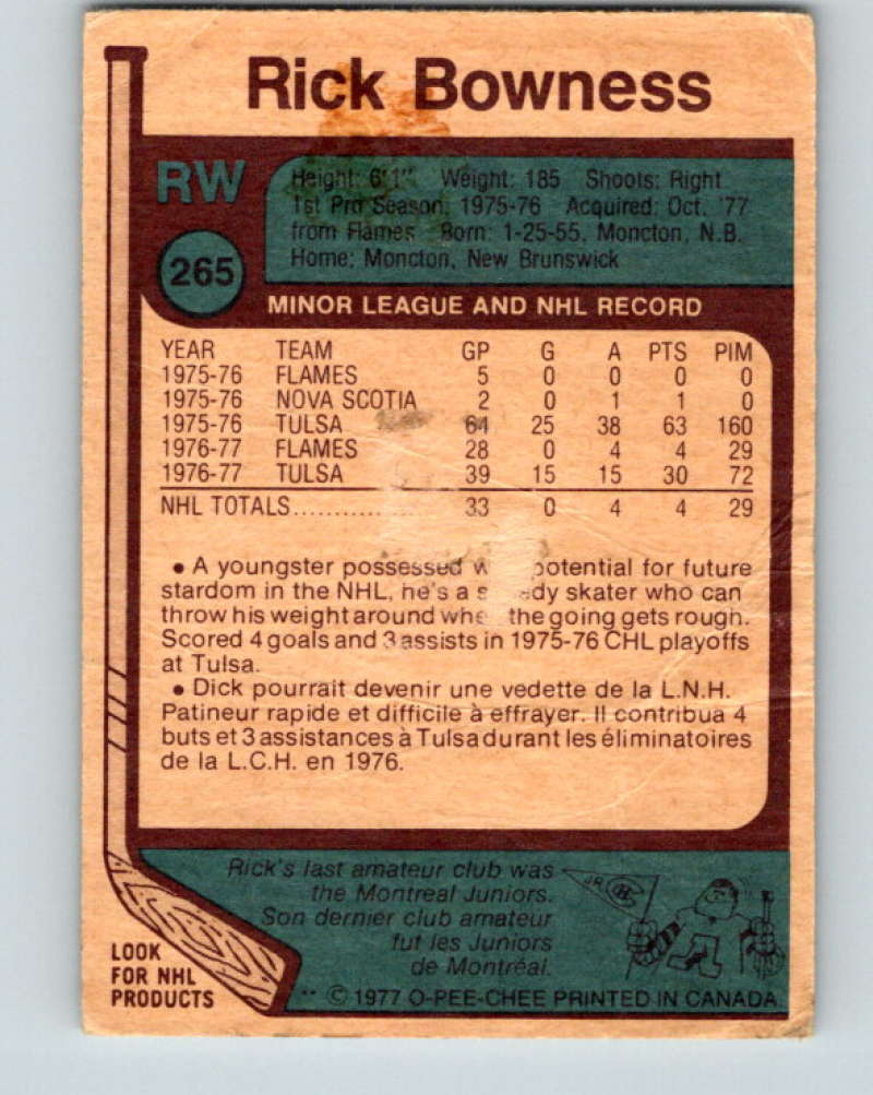 1977-78 O-Pee-Chee #265 Rick Bowness NHL  RC Rookie Wings 9898 Image 2