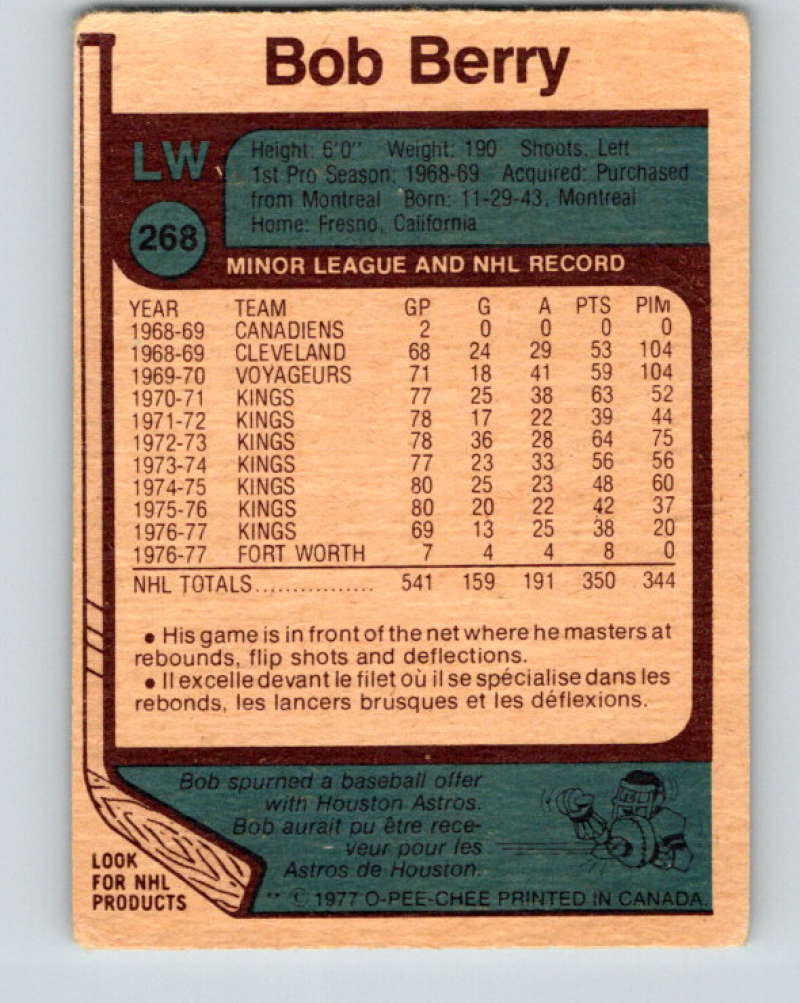1977-78 O-Pee-Chee #268 Bob Berry NHL  Kings 9901 Image 2