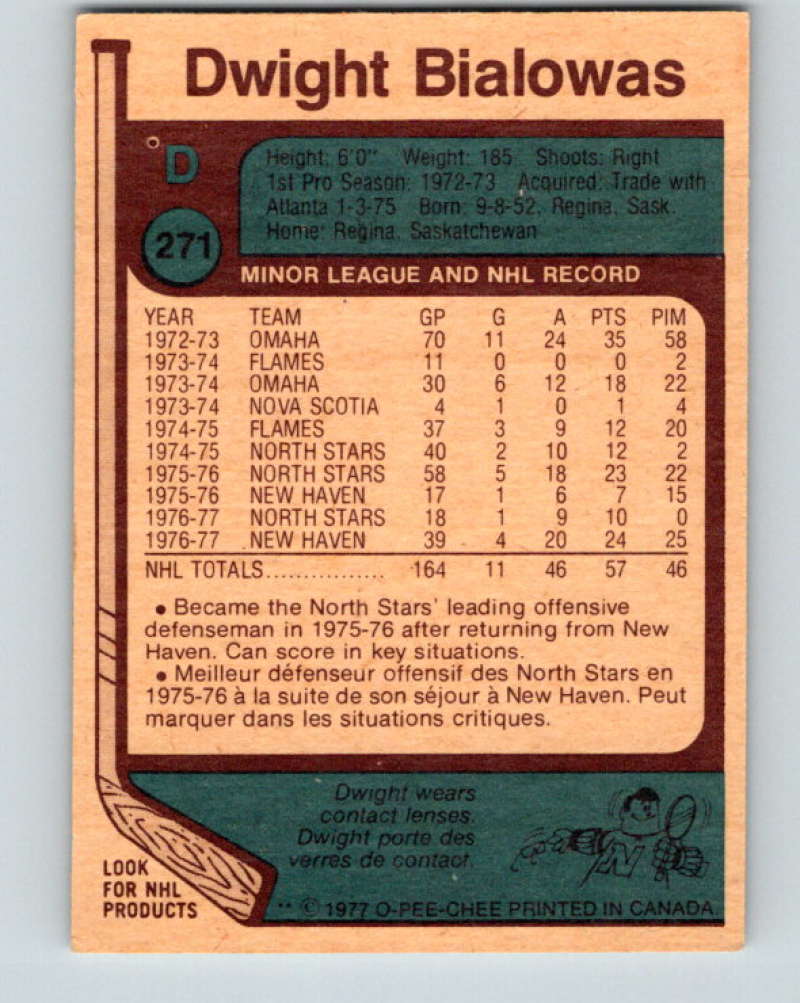 1977-78 O-Pee-Chee #271 Dwight Bialowas NHL  North Stars 9904 Image 2