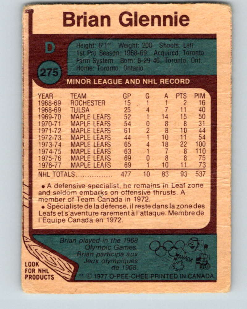 1977-78 O-Pee-Chee #275 Brian Glennie NHL  Maple Leafs 9909 Image 2