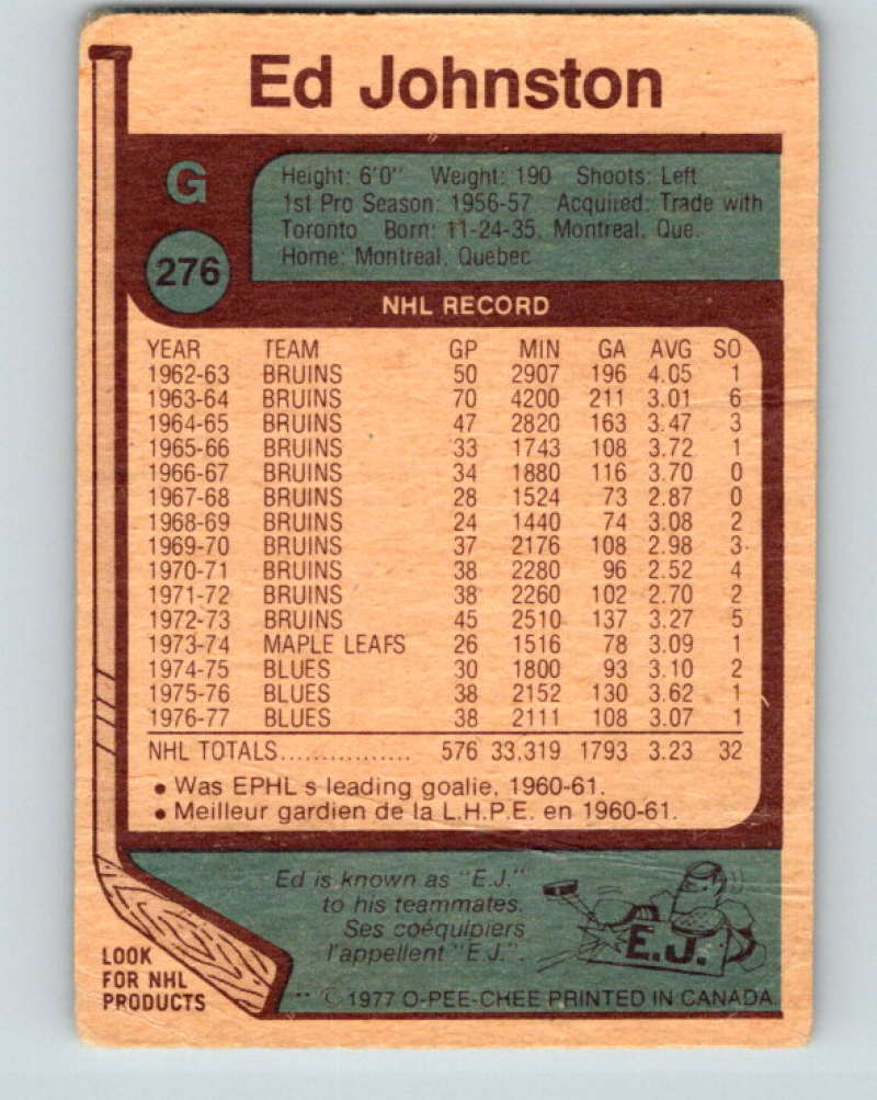 1977-78 O-Pee-Chee #276 Ed Johnston NHL  Blues 9910 Image 2