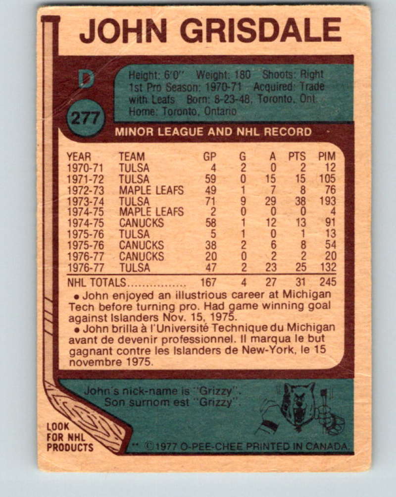 1977-78 O-Pee-Chee #277 John Grisdale NHL  Canucks 9911 Image 2