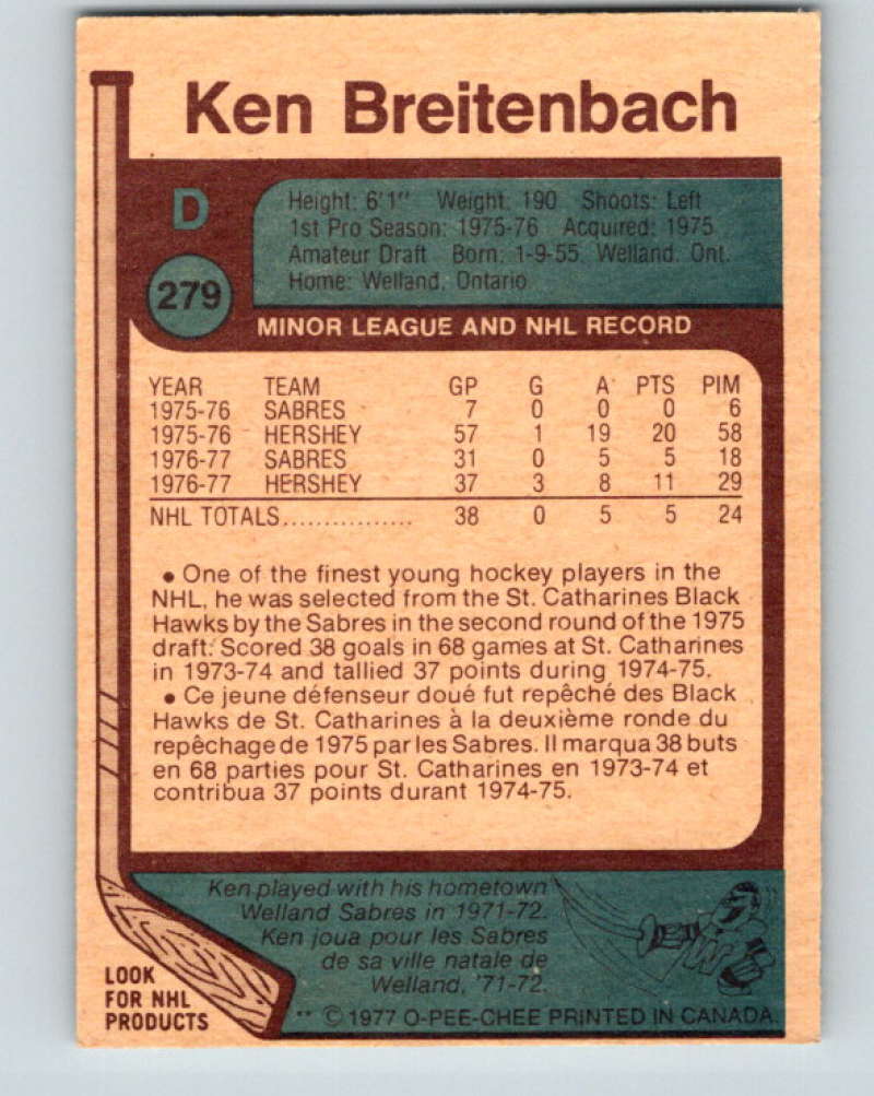1977-78 O-Pee-Chee #279 Ken Breitenbach NHL  RC Rookie Sabres 9913 Image 2