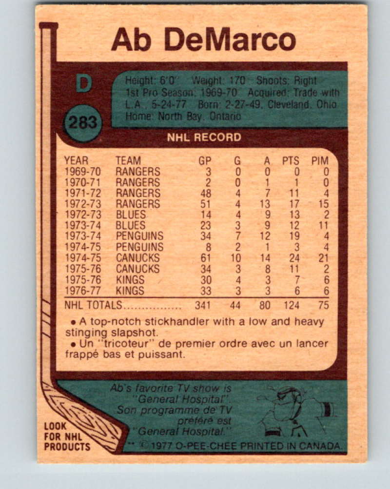 1977-78 O-Pee-Chee #283 Ab DeMarco NHL  Flames 9917