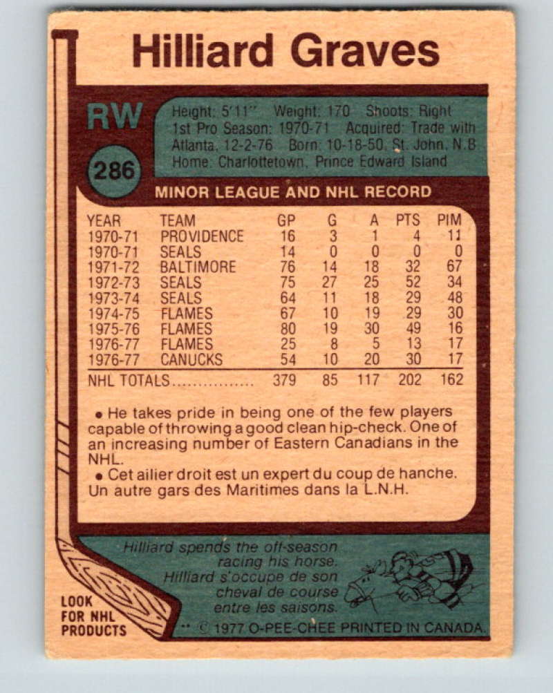 1977-78 O-Pee-Chee #286 Hilliard Graves NHL  Canucks 9920 Image 2